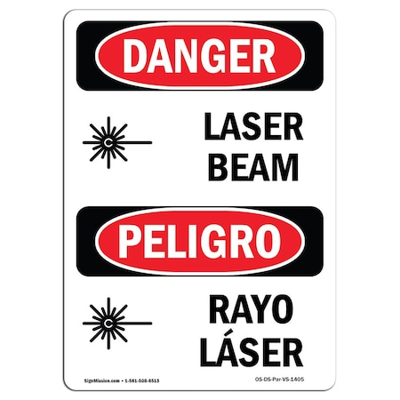 Signmission OSHA Danger Sign, Laser Beam, 18in X 12in Decal, 12" W, 18" H, Bilingual Spanish OS-DS-D-1218-VS-1405
